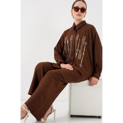 Desenli Tunik Pantolon İkili Takım 6720 - Kahverengi Desenli Tunik Pantolon İkili Takım 6720 - Kahverengi