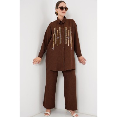 Desenli Tunik Pantolon İkili Takım 6720 - Kahverengi Desenli Tunik Pantolon İkili Takım 6720 - Kahverengi