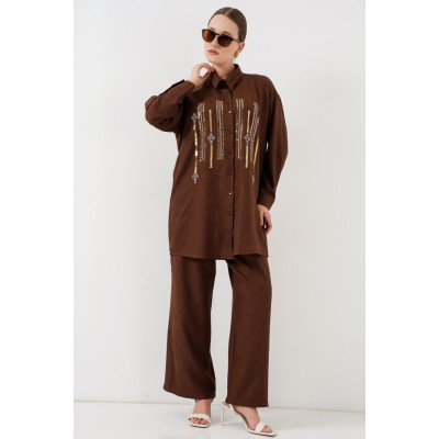 Desenli Tunik Pantolon İkili Takım 6720 - Kahverengi Desenli Tunik Pantolon İkili Takım 6720 - Kahverengi