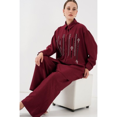 Desenli Tunik Pantolon İkili Takım 6720 - Bordo Desenli Tunik Pantolon İkili Takım 6720 - Bordo