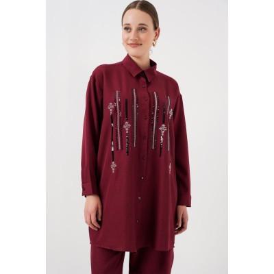 Desenli Tunik Pantolon İkili Takım 6720 - Bordo Desenli Tunik Pantolon İkili Takım 6720 - Bordo
