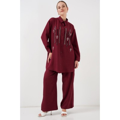 Desenli Tunik Pantolon İkili Takım 6720 - Bordo Desenli Tunik Pantolon İkili Takım 6720 - Bordo