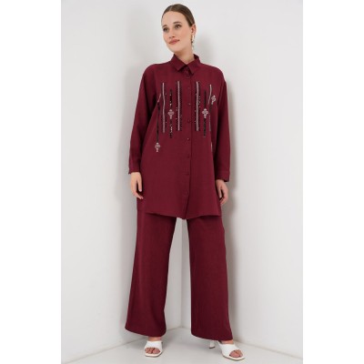 Desenli Tunik Pantolon İkili Takım 6720 - Bordo Desenli Tunik Pantolon İkili Takım 6720 - Bordo