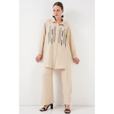 Desenli Tunik Pantolon İkili Takım 6720 - Krem Desenli Tunik Pantolon İkili Takım 6720 - Krem