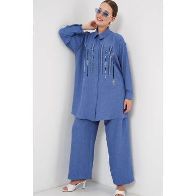 Desenli Tunik Pantolon İkili Takım 6720 - İndigo Desenli Tunik Pantolon İkili Takım 6720 - İndigo