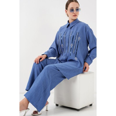 Desenli Tunik Pantolon İkili Takım 6720 - İndigo Desenli Tunik Pantolon İkili Takım 6720 - İndigo