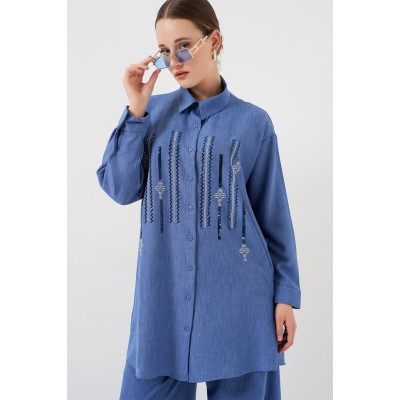 Desenli Tunik Pantolon İkili Takım 6720 - İndigo Desenli Tunik Pantolon İkili Takım 6720 - İndigo