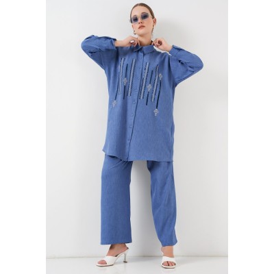 Desenli Tunik Pantolon İkili Takım 6720 - İndigo Desenli Tunik Pantolon İkili Takım 6720 - İndigo