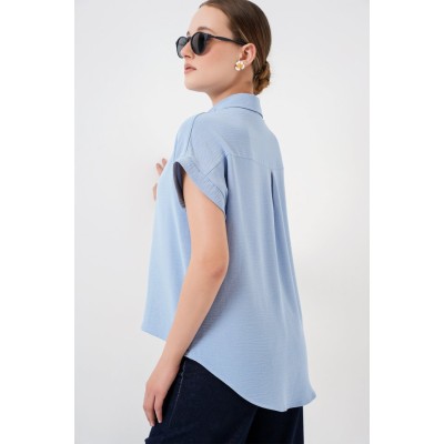 Oversize Kısa Kol Gömlek 20322 - Mavi Oversize Kısa Kol Gömlek 20322 - Mavi
