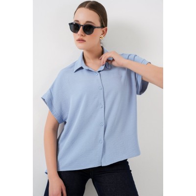 Oversize Kısa Kol Gömlek 20322 - Mavi Oversize Kısa Kol Gömlek 20322 - Mavi