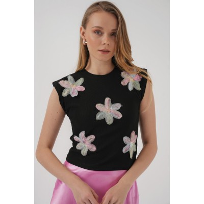 930 Kısa Kol Desenli Crop Bluz - Siyah 930 Kısa Kol Desenli Crop Bluz - Siyah