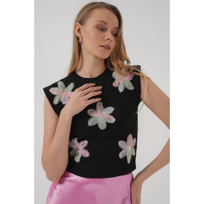930 Kısa Kol Desenli Crop Bluz - Siyah 930 Kısa Kol Desenli Crop Bluz - Siyah