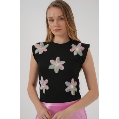 930 Kısa Kol Desenli Crop Bluz - Siyah 930 Kısa Kol Desenli Crop Bluz - Siyah