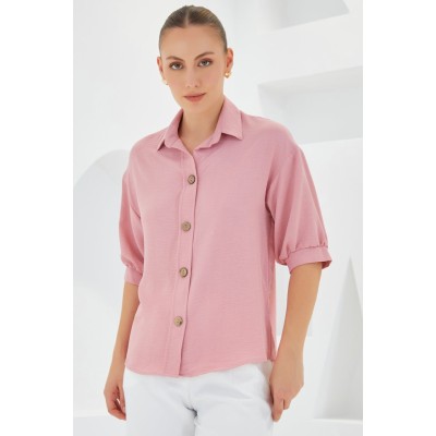 Pembe Kısa Kol Oversize Keten Gömlek 20240 Pembe Kısa Kol Oversize Keten Gömlek 20240