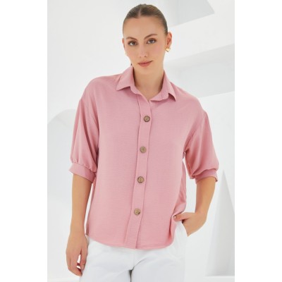 Pembe Kısa Kol Oversize Keten Gömlek 20240 Pembe Kısa Kol Oversize Keten Gömlek 20240