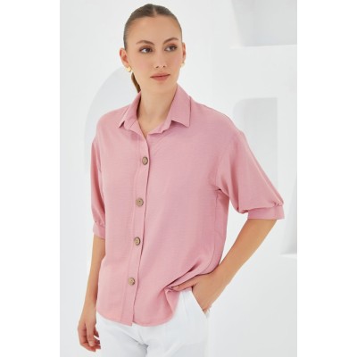 Pembe Kısa Kol Oversize Keten Gömlek 20240 Pembe Kısa Kol Oversize Keten Gömlek 20240