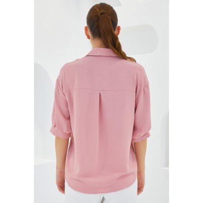 Pembe Kısa Kol Oversize Keten Gömlek 20240 Pembe Kısa Kol Oversize Keten Gömlek 20240