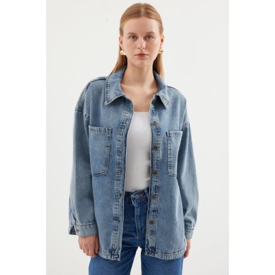 0694 Çift Cepli Oversize Denim Ceket - Buz Mavi 0694 Çift Cepli Oversize Denim Ceket - Buz Mavi