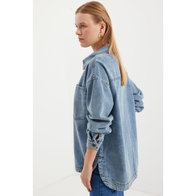 0694 Çift Cepli Oversize Denim Ceket - Buz Mavi 0694 Çift Cepli Oversize Denim Ceket - Buz Mavi