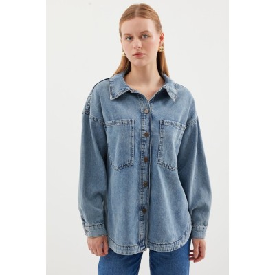 0694 Çift Cepli Oversize Denim Ceket - Buz Mavi 0694 Çift Cepli Oversize Denim Ceket - Buz Mavi