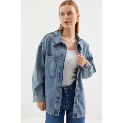 0694 Çift Cepli Oversize Denim Ceket - Buz Mavi 0694 Çift Cepli Oversize Denim Ceket - Buz Mavi