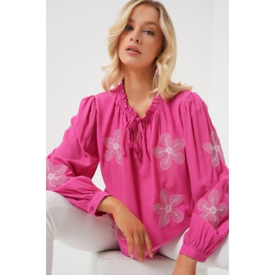 Uzun Kol Nakışlı Örme Bluz 951 - Pembe Uzun Kol Nakışlı Örme Bluz 951 - Pembe