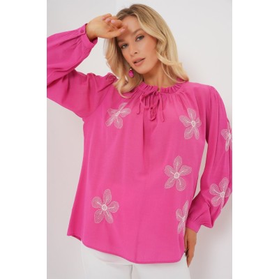Uzun Kol Nakışlı Örme Bluz 951 - Pembe Uzun Kol Nakışlı Örme Bluz 951 - Pembe