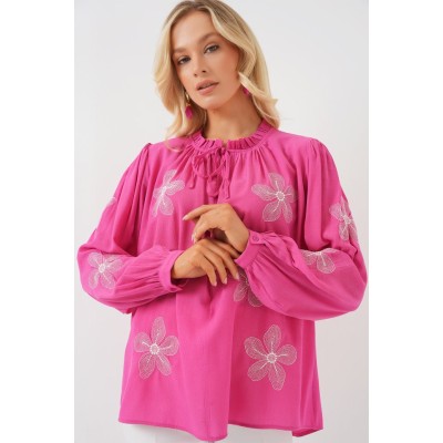 Uzun Kol Nakışlı Örme Bluz 951 - Pembe Uzun Kol Nakışlı Örme Bluz 951 - Pembe