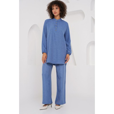6678 Keten Tunik Pantolon İkili Takım - İndigo 6678 Keten Tunik Pantolon İkili Takım - İndigo