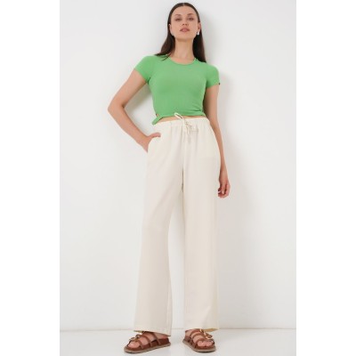 Geniş Paça Keten Pantolon 6735 - Ekru Geniş Paça Keten Pantolon 6735 - Ekru
