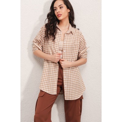 3900 Oversize Kareli Gömlek - Y.Bej 3900 Oversize Kareli Gömlek - Y.Bej
