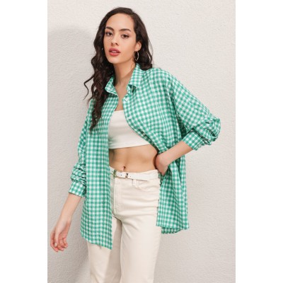 3900 Oversize Kareli Gömlek - Y.Yeşil 3900 Oversize Kareli Gömlek - Y.Yeşil