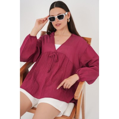 Önü Bağcıklı Uzun Kol Bluz 946 - Bordo
