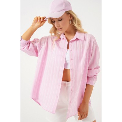 3900 Oversize Kareli Gömlek - Y.Pembe