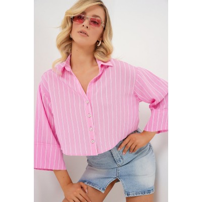 Çizgili Oversize Kısa Gömlek 20326 - Pembe Çizgili Oversize Kısa Gömlek 20326 - Pembe