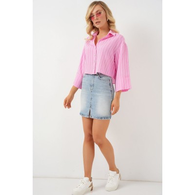Çizgili Oversize Kısa Gömlek 20326 - Pembe Çizgili Oversize Kısa Gömlek 20326 - Pembe