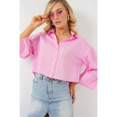 Çizgili Oversize Kısa Gömlek 20326 - Pembe Çizgili Oversize Kısa Gömlek 20326 - Pembe