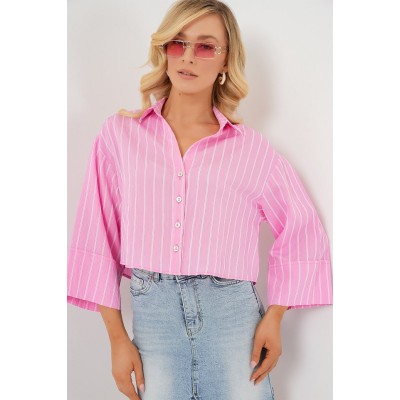 Çizgili Oversize Kısa Gömlek 20326 - Pembe Çizgili Oversize Kısa Gömlek 20326 - Pembe