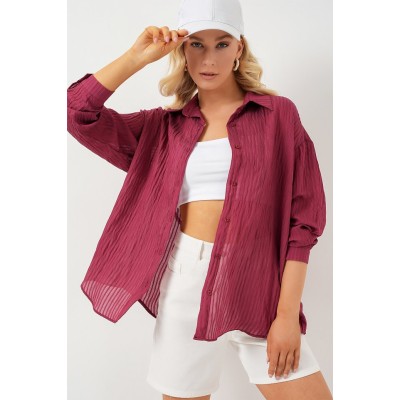 Uzun Oversize Gömlek 20320 - Bordo Uzun Oversize Gömlek 20320 - Bordo