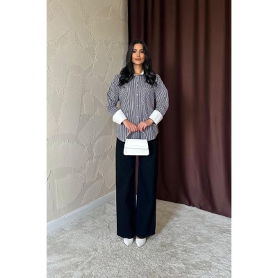 Siyah Çizgili Poplin Uzun Kol Gömlek Siyah Çizgili Poplin Uzun Kol Gömlek