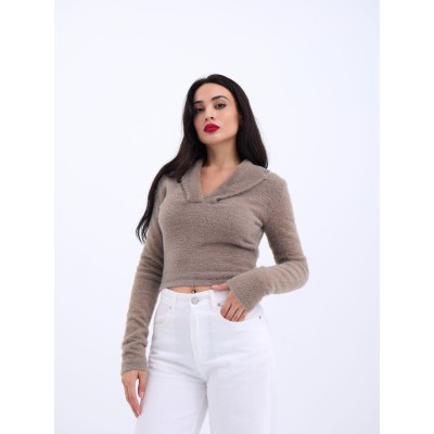 42531 TRİKO SİMLİ YAKALI CROP-KAHVE 42531 TRİKO SİMLİ YAKALI CROP-KAHVE