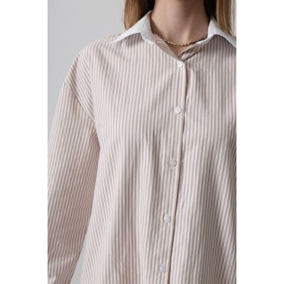 Çizgili Oversize Gömlek - Bej Çizgili Oversize Gömlek - Bej