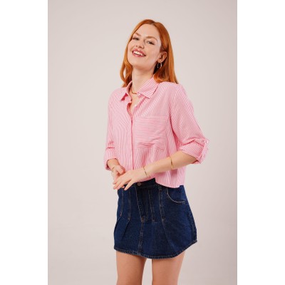 Tek Cep Çizgili Pembe Kısa Gömlek Tek Cep Çizgili Pembe Kısa Gömlek