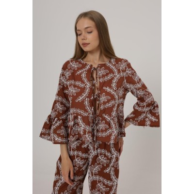 Fiyonk Bağlamalı Brode Bluz - Kahve Fiyonk Bağlamalı Brode Bluz - Kahve