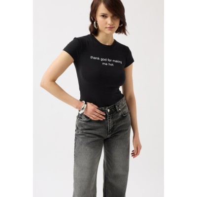 Baskılı Likralı Crop T-Shirt Baskılı Likralı Crop T-Shirt