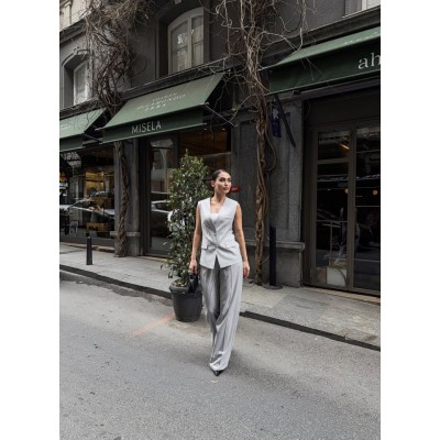 Poly Viscose Arkasi Düğme Ve Kemer Detayli Yelek Pantolon Takim Poly Viscose Arkasi Düğme Ve Kemer Detayli Yelek Pantolon Takim