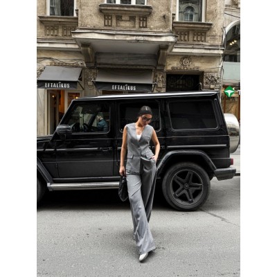 Poly Viscose Arkasi Düğme Ve Kemer Detayli Yelek Pantolon Takim Poly Viscose Arkasi Düğme Ve Kemer Detayli Yelek Pantolon Takim