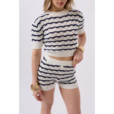 Örgü Detay Çizgili Crop Bluz Örgü Detay Çizgili Crop Bluz