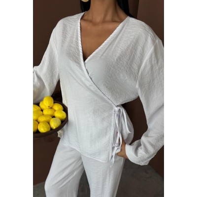 Kruvaze Model Klasik Pantolonlu Çupra Keten Takım 10191 Kruvaze Model Klasik Pantolonlu Çupra Keten Takım 10191