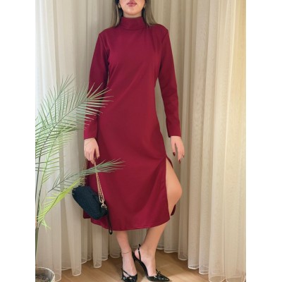 Kadın Uzun Kollu Balıkçı Yaka Derin Yırtmaç Detay Krep Elbise Kadın Uzun Kollu Balıkçı Yaka Derin Yırtmaç Detay Krep Elbise
